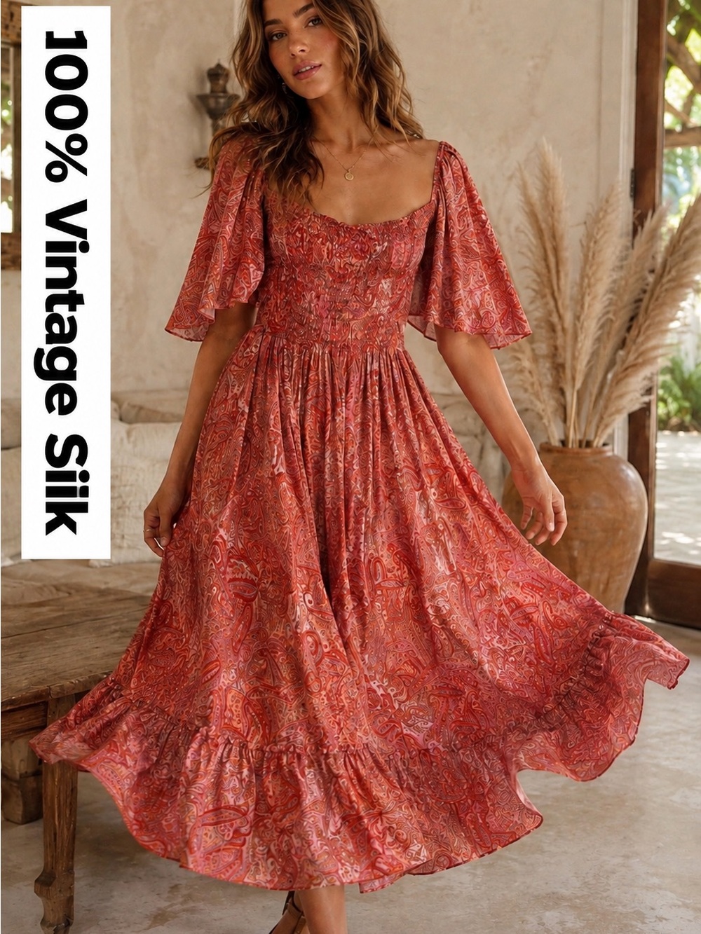 Kasturi 100% Silk Paisley Smocked Boho Maxi Dress Made in India